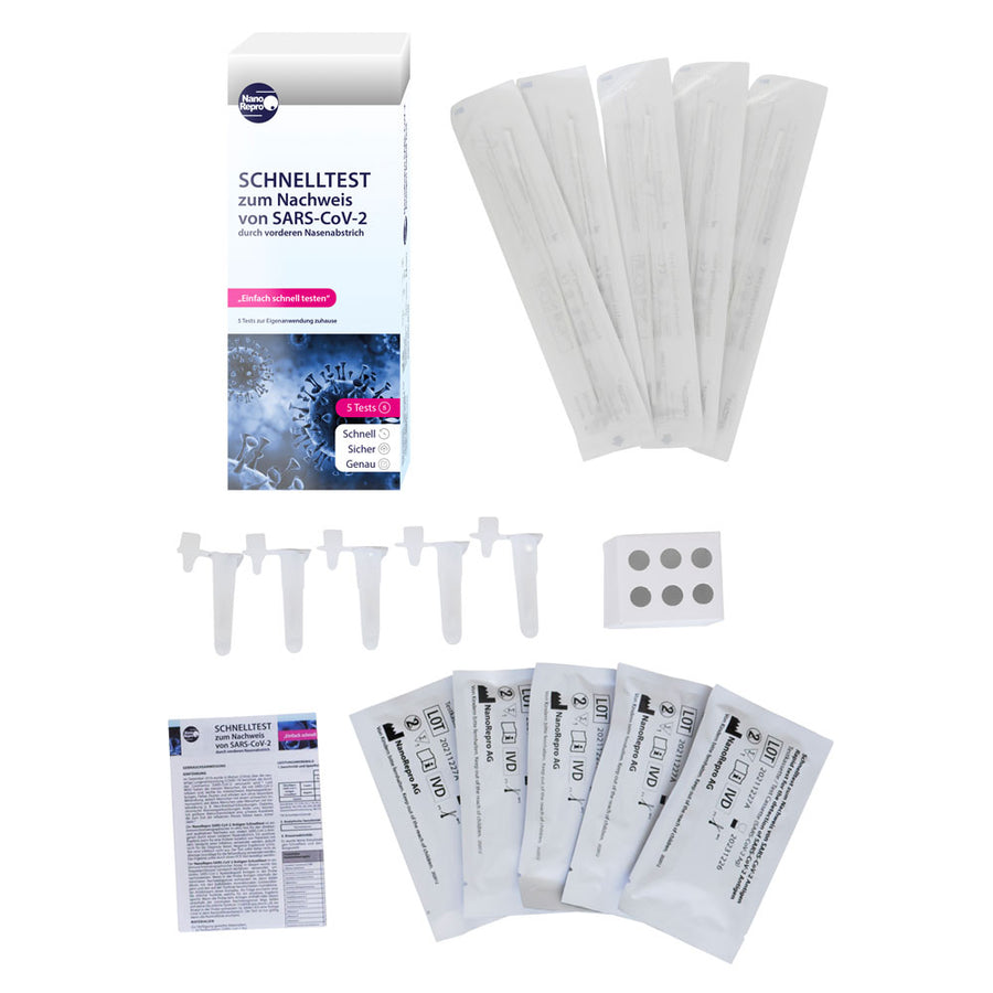 NanoRepro SARS CoV-2 Schnelltest - vorderer Nasenbereich - 5 Stk. (Netto 3,95 Euro = Nettoeinzelpreis 0,79 Euro)