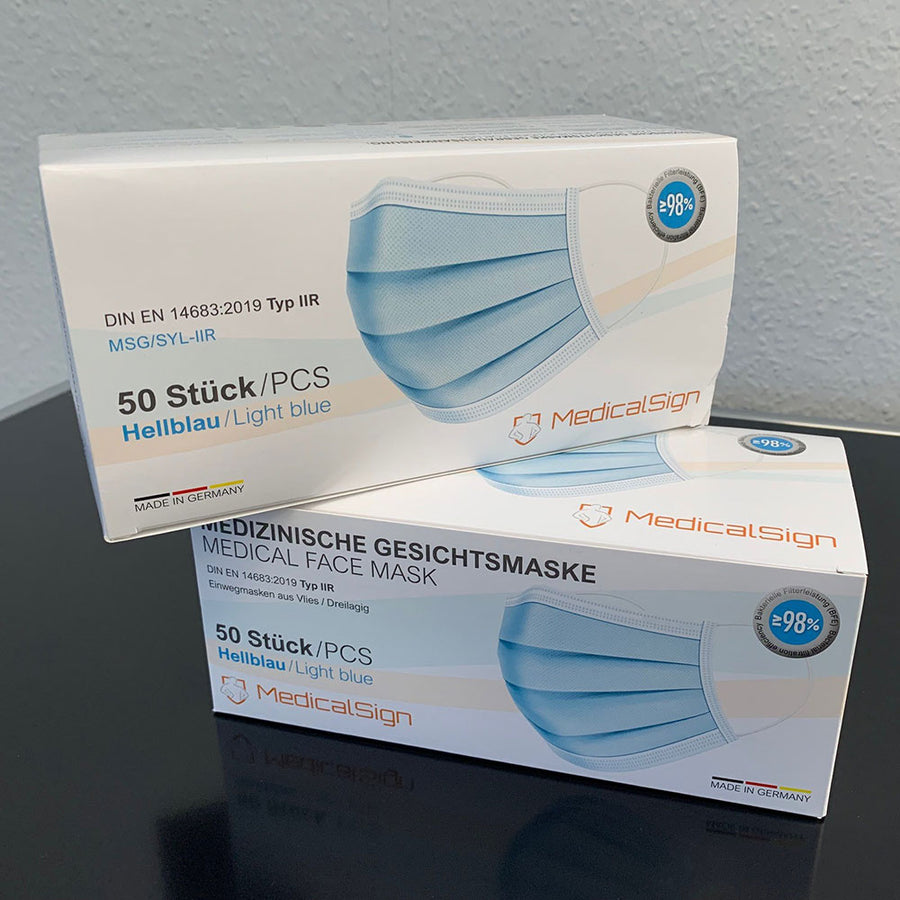50 Stk. Medizinische, chirugische OP-Gesichtsmaske Typ IIR - Made in Germany (Nettopreis € 3,99 = Einzelpreis 0,08 Euro)