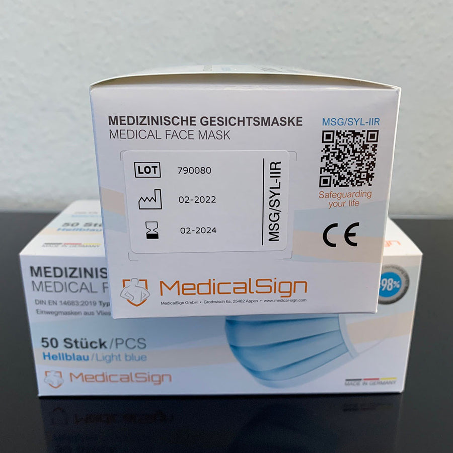 50 Stk. Medizinische, chirugische OP-Gesichtsmaske Typ IIR - Made in Germany (Nettopreis € 3,99 = Einzelpreis 0,08 Euro)