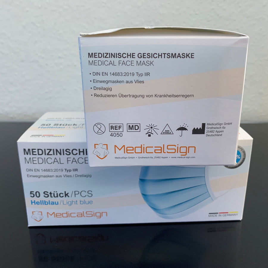 50 Stk. Medizinische, chirugische OP-Gesichtsmaske Typ IIR - Made in Germany (Nettopreis € 3,99 = Einzelpreis 0,08 Euro)