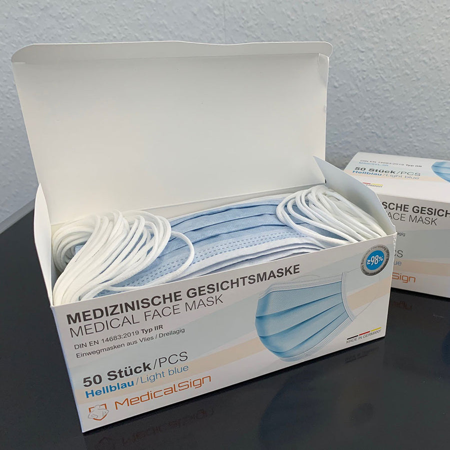 50 Stk. Medizinische, chirugische OP-Gesichtsmaske Typ IIR - Made in Germany (Nettopreis € 3,99 = Einzelpreis 0,08 Euro)